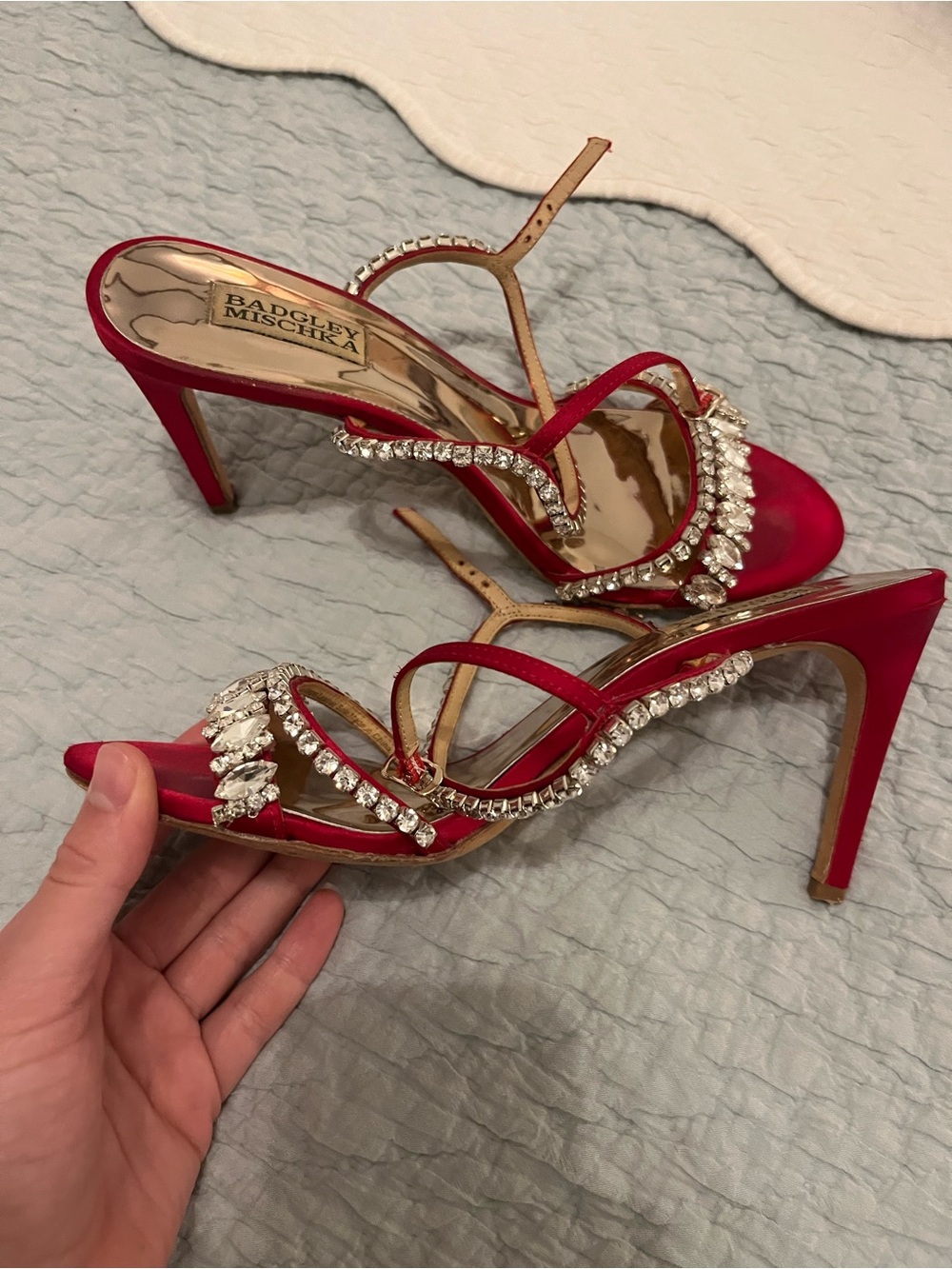 Badgley Mischka Red Crystal Fringe Satin Heels - Picture 2 of 3
